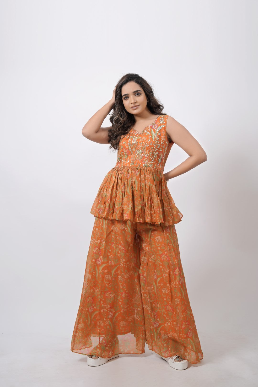 ORANGE FLOWING SKIRT WASTERN DRESS