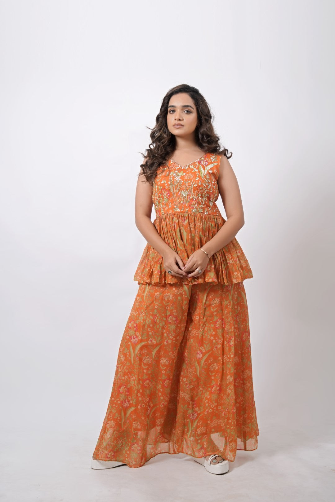 ORANGE FLOWING SKIRT WASTERN DRESS