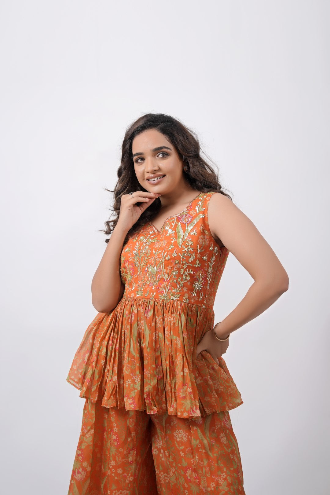 ORANGE FLOWING SKIRT WASTERN DRESS