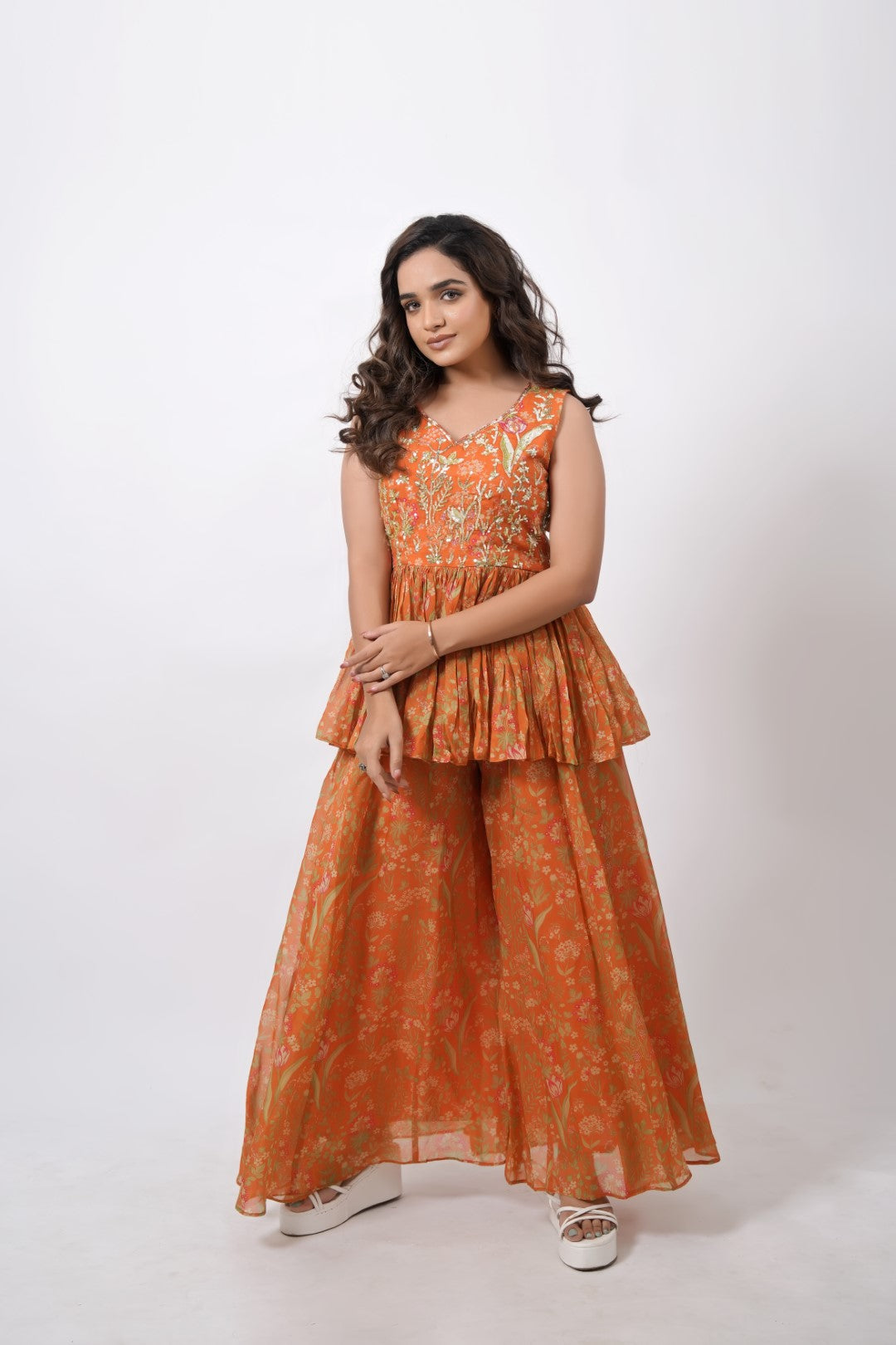 ORANGE FLOWING SKIRT WASTERN DRESS